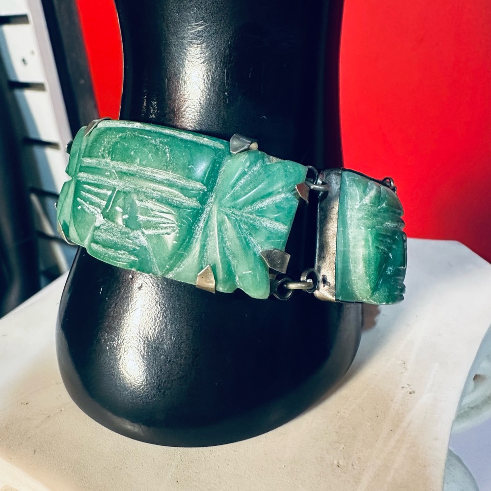 Incredible Green Carved Jade Masks Silver “Mexico” Stamped Link Bracelet